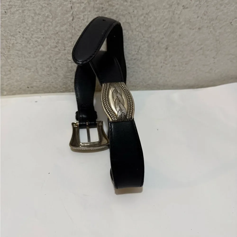 Fossil silver toned metal links leather  women's belt 34” Black Leather Size S